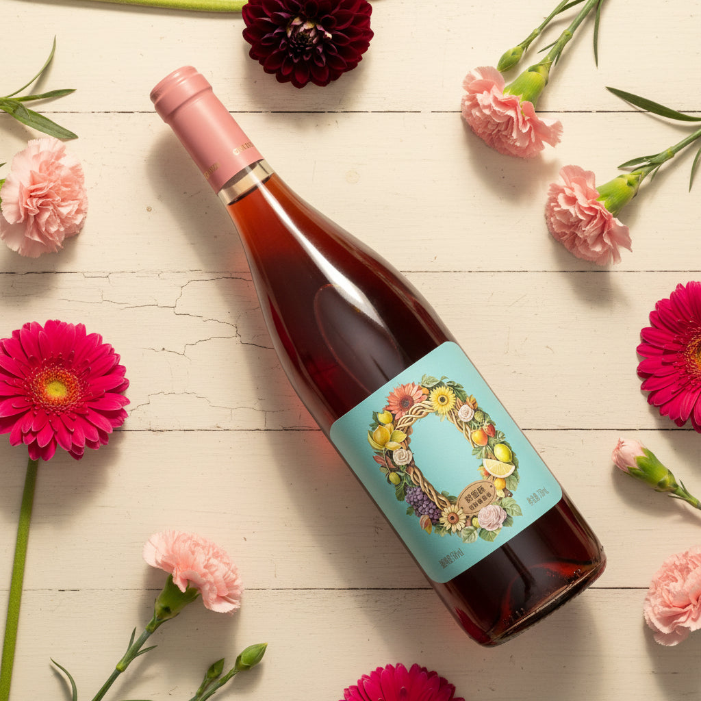 Load image into Gallery viewer, Bottle of Chateau Rongzi Sweet Blue Label Rose non alcoholic wine with a decorative label on a wooden surface surrounded by flowers