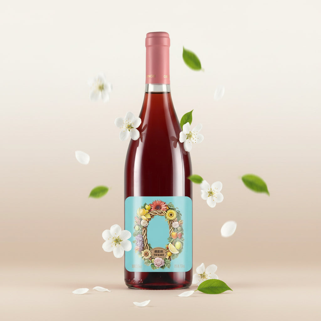 Load image into Gallery viewer, Chateau Rongzi Sweet Blue Label Rose non alcoholic wine bottle with a decorative label on a beige background with flowers and leaves.
