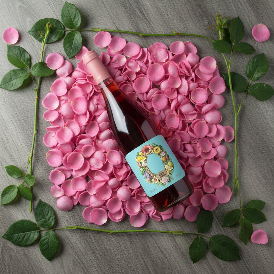 Load image into Gallery viewer, Bottle of Chateau Rongzi Sweet Blue Label Rose non alcoholic wine with decorative label on pink flower petals and green leaves on a grey surface