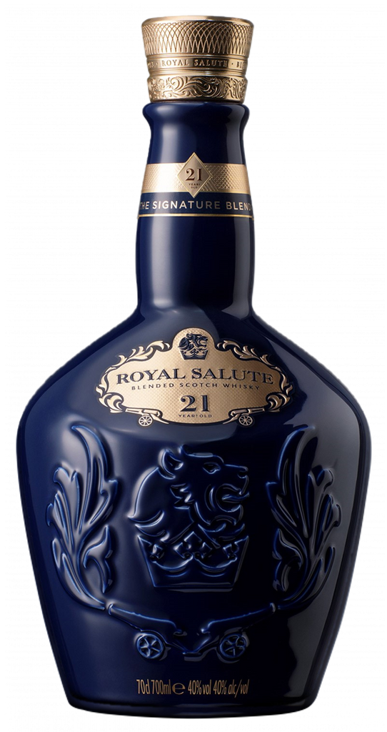 Chivas Regal Royal Salute 21 Year Old Signature Blend Scotch Whisky bottle with gold cap on a white background