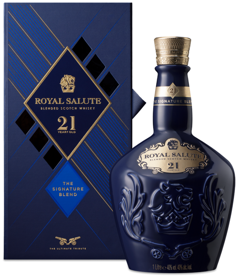 Load image into Gallery viewer, A bottle of Chivas Regal Royal Salute 21 Year Old Signature Blend Scotch Whisky next to its blue gift box.