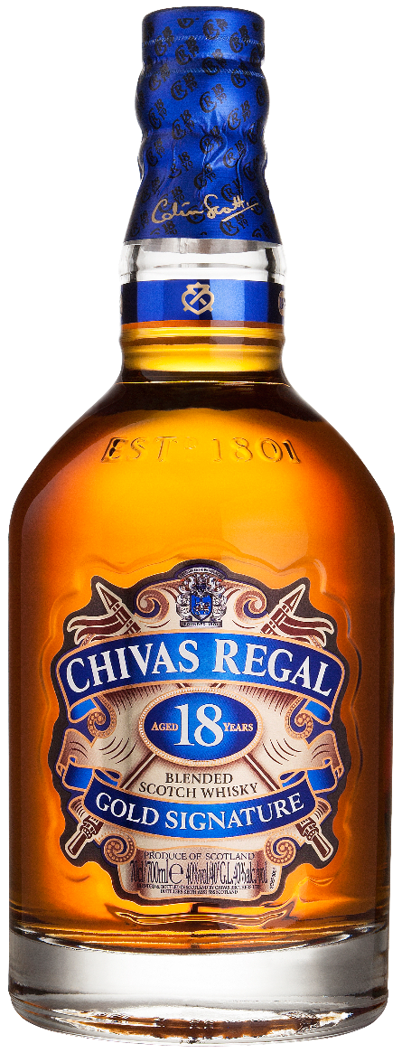 Load image into Gallery viewer, A bottle of Chivas Regal 18YO Blended Scotch Whisky with a blue label and cap, displaying the whisky's color.