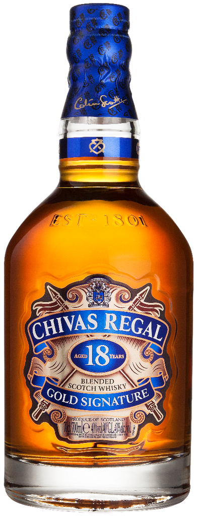 A bottle of Chivas Regal 18YO Blended Scotch Whisky with a blue label and cap, displaying the whisky's color.