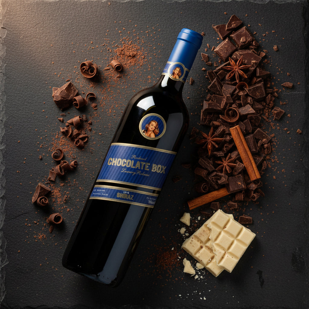 Load image into Gallery viewer, A bottle of Chocolate Box Luxury Blue Label Shiraz surrounded by broken pieces of white and dark chocolates