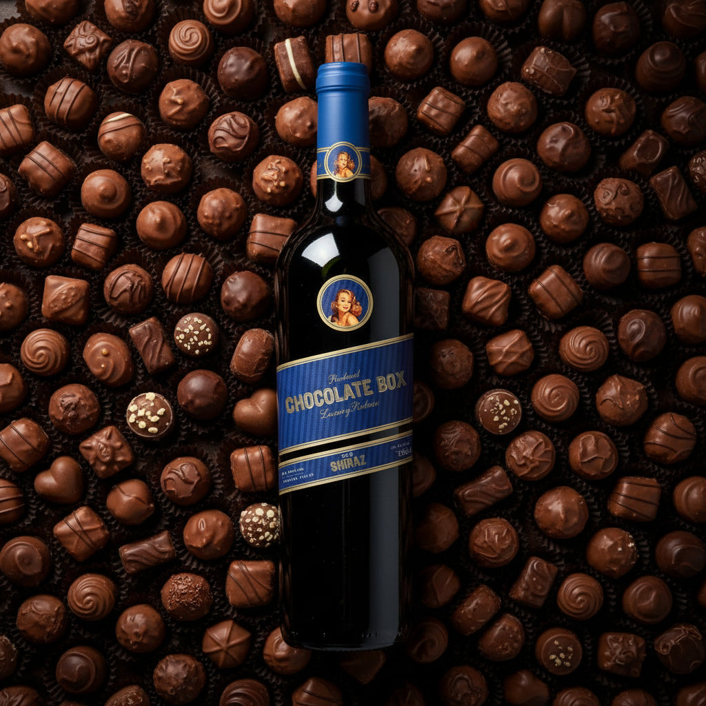 Load image into Gallery viewer, Bottle of Chocolate Box Shiraz red wine surrounded by chocolate truffles