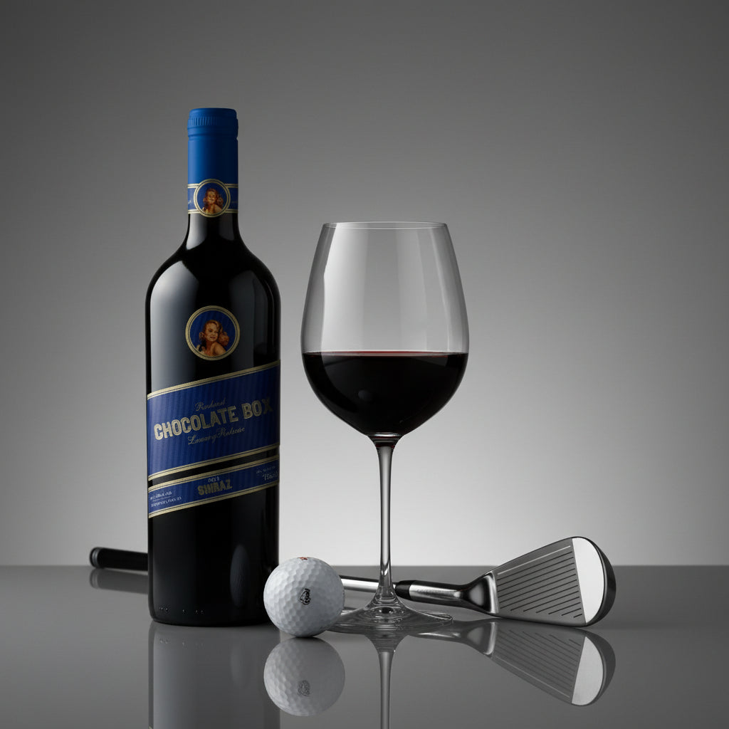 Load image into Gallery viewer, A bottle of Chocolate Box Luxury Blue Label Shiraz red wine next to a gold club and ball