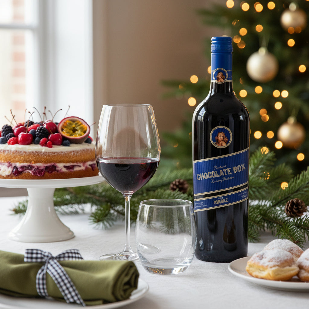 Load image into Gallery viewer, Chocolate Box Luxury Blue Label Shiraz red wine bottle, glasses, and dessert on a table with a Christmas tree in the background