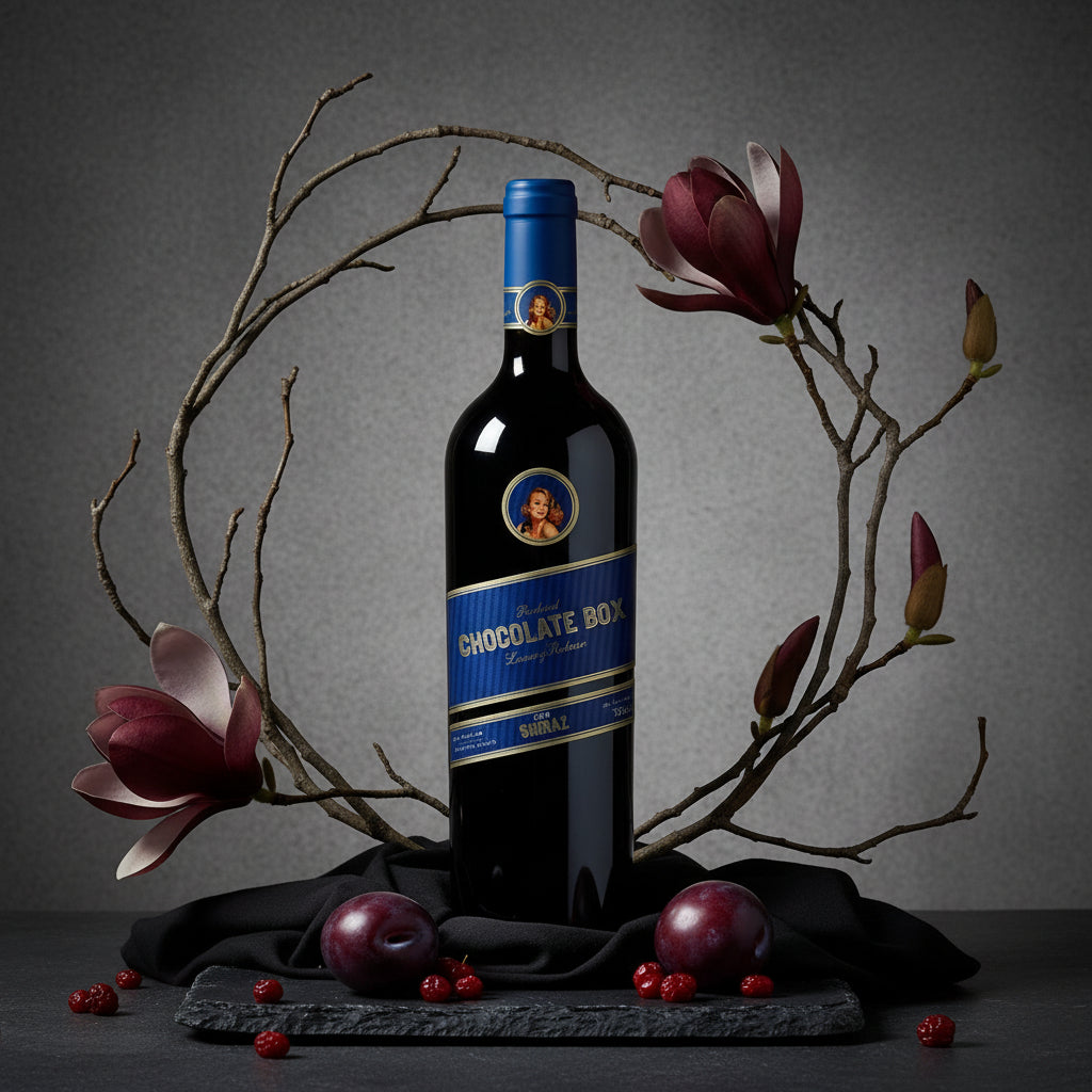 Load image into Gallery viewer, Bottle of Chocolate Box Luxury Blue Label Shiraz red wine with decorative elements on a dark background