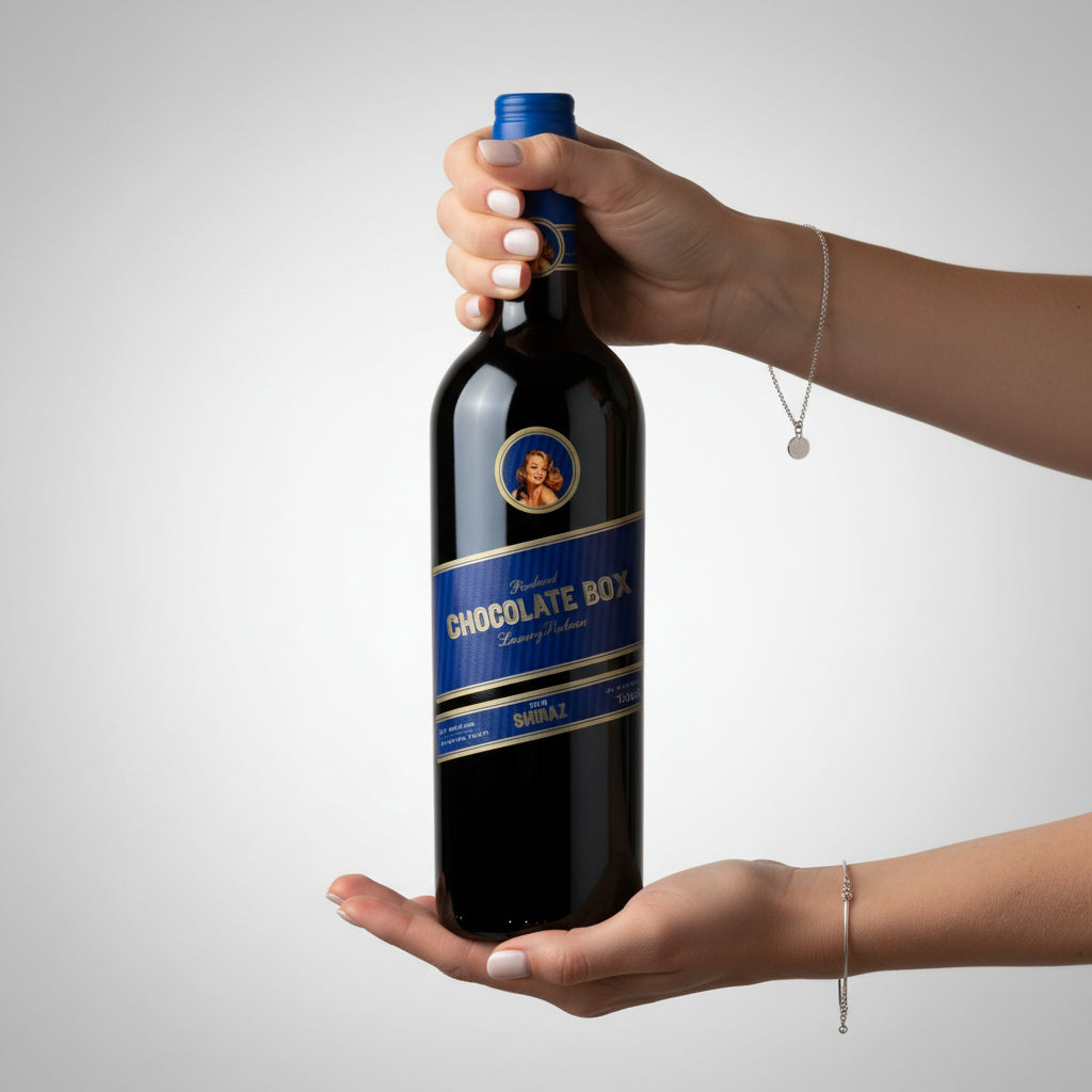 Load image into Gallery viewer, Bottle of Chocolate Box Luxury Blue Label Shiraz red wine held by a hand on a light grey background