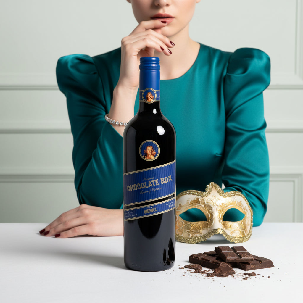 Load image into Gallery viewer, Woman in teal dress with a bottle of Chocolate Box Luxury Blue Label Shiraz red wine, chocolate pieces, and a gold mask on a white surface.