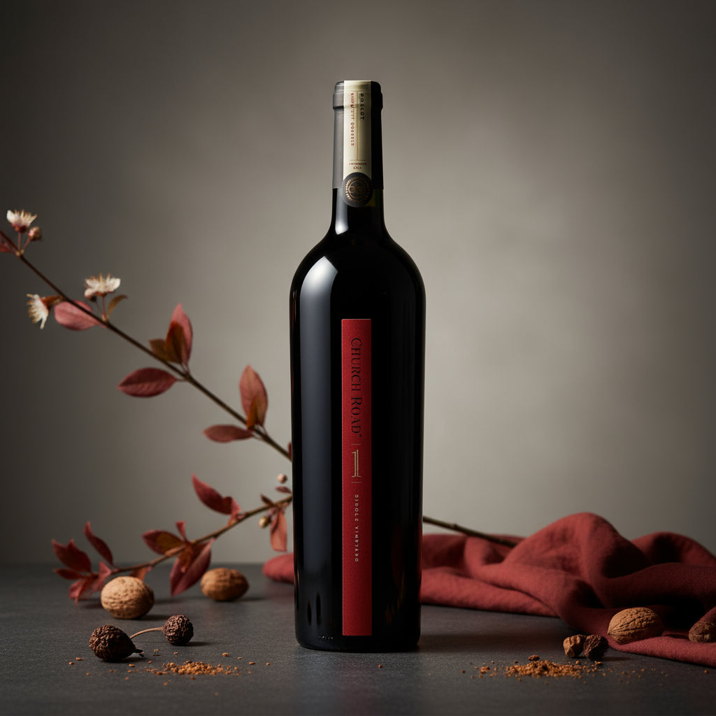 Church Road 1 Merlot red wine bottle on a dark surface with decorative elements