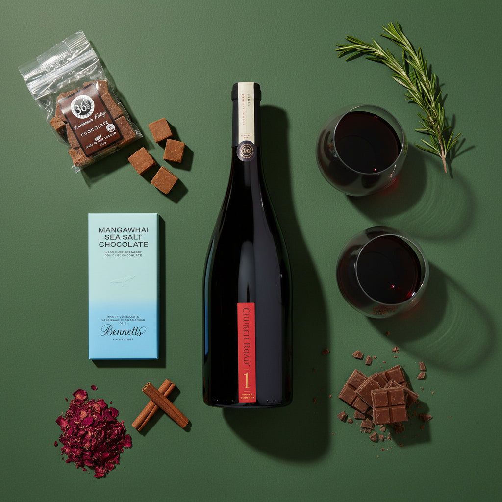 Load image into Gallery viewer, A bottle of Church Road 1 Syrah red wine is arranged on a dark green background with a packet of 36 Degrees chocolate fudge, chocolate fudge pieces, chocolate pieces, rosemary, glasses of red wine, cinnamon sticks, and a bar of Mangawhai Sea Salt Chocolate by Bennett's.