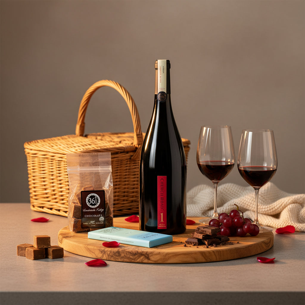 Load image into Gallery viewer, A wine and chocolate gift set arranged on a round wooden board, featuring a dark bottle of Church Road 1 Syrah red wine, two filled wine glasses, a wicker picnic basket, a bag of 36 Degrees chocolate fudge, a bar of Bennett's Mangawhai Sea Salt dark chocolate, and chocolate pieces, set against a neutral background.