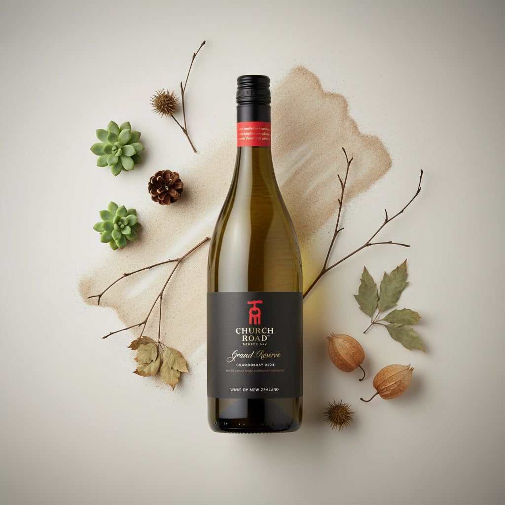 Load image into Gallery viewer, A bottle of Church Road Grand Reserve Chardonnay surrounded by leaves and small ornaments.