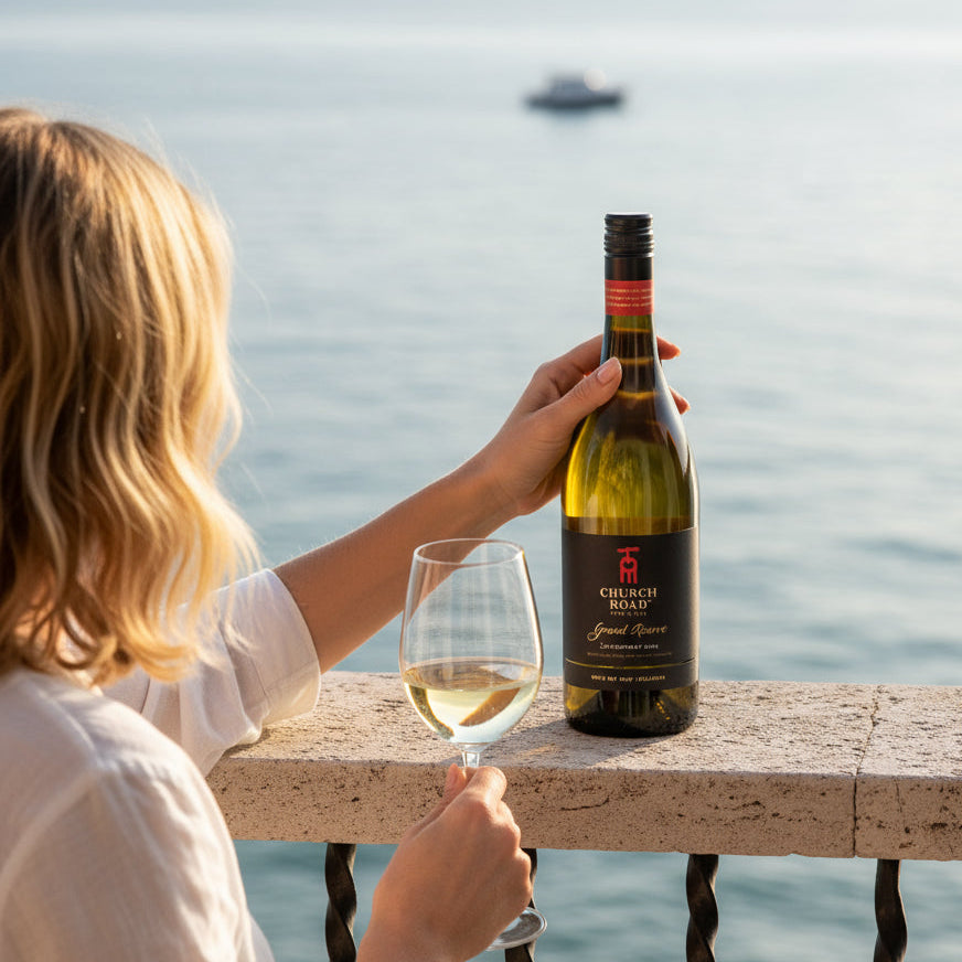 Load image into Gallery viewer, A bottle of Church Road Grand Reserve Chardonnay being enjoyed by a blond lady overlooking the ocean during the early evening.