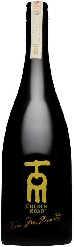 Load image into Gallery viewer, A Church Road TOM Chardonnay wine bottle with gold logo and text on a white background