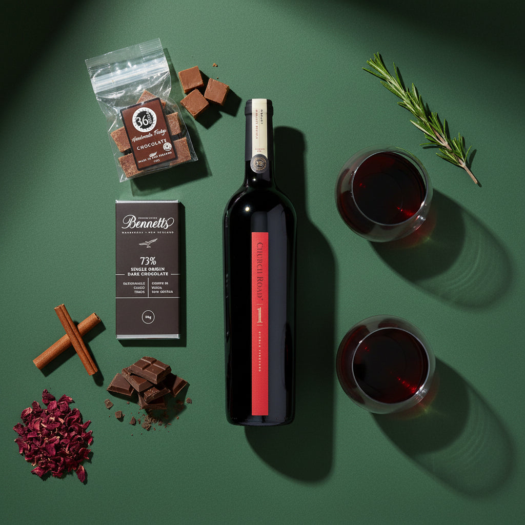 Load image into Gallery viewer, A bottle of Church Road 1 Merlot red wine lying on a dark green background with chocolate, cinnamon, rosemary, dried petals, and two glasses of red wine.