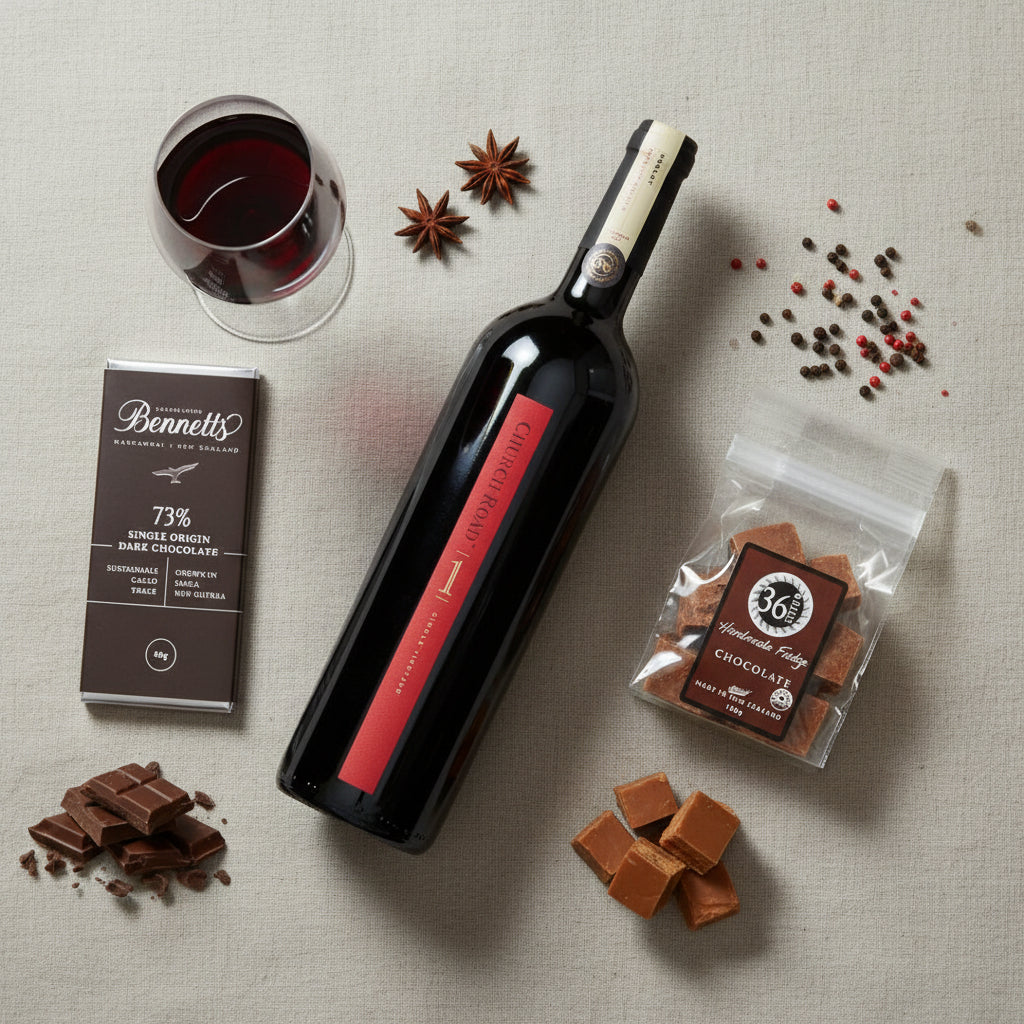 Load image into Gallery viewer, A bottle of Church Road 1 Merlot red wine, a glass of red wine, a box of Bennett's 73% dark chocolate, a bag of 365 chocolate truffles, and scattered chocolate pieces on a light beige textured fabric background.