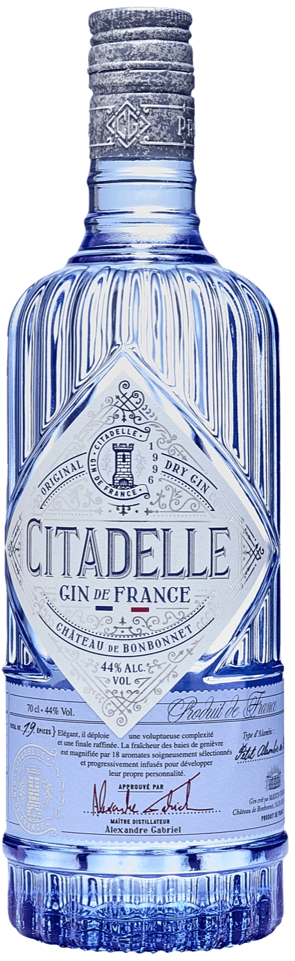 Citadelle Gin bottle with blue label on a white background