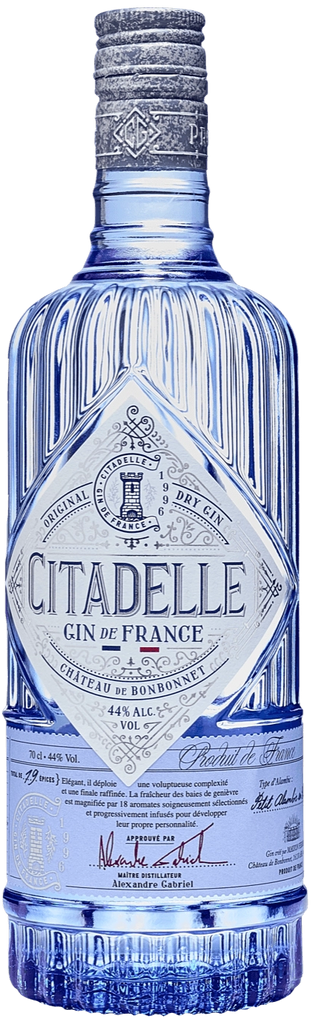 Citadelle Gin bottle with blue label on a white background