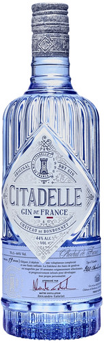Citadelle Gin bottle with blue label on a white background