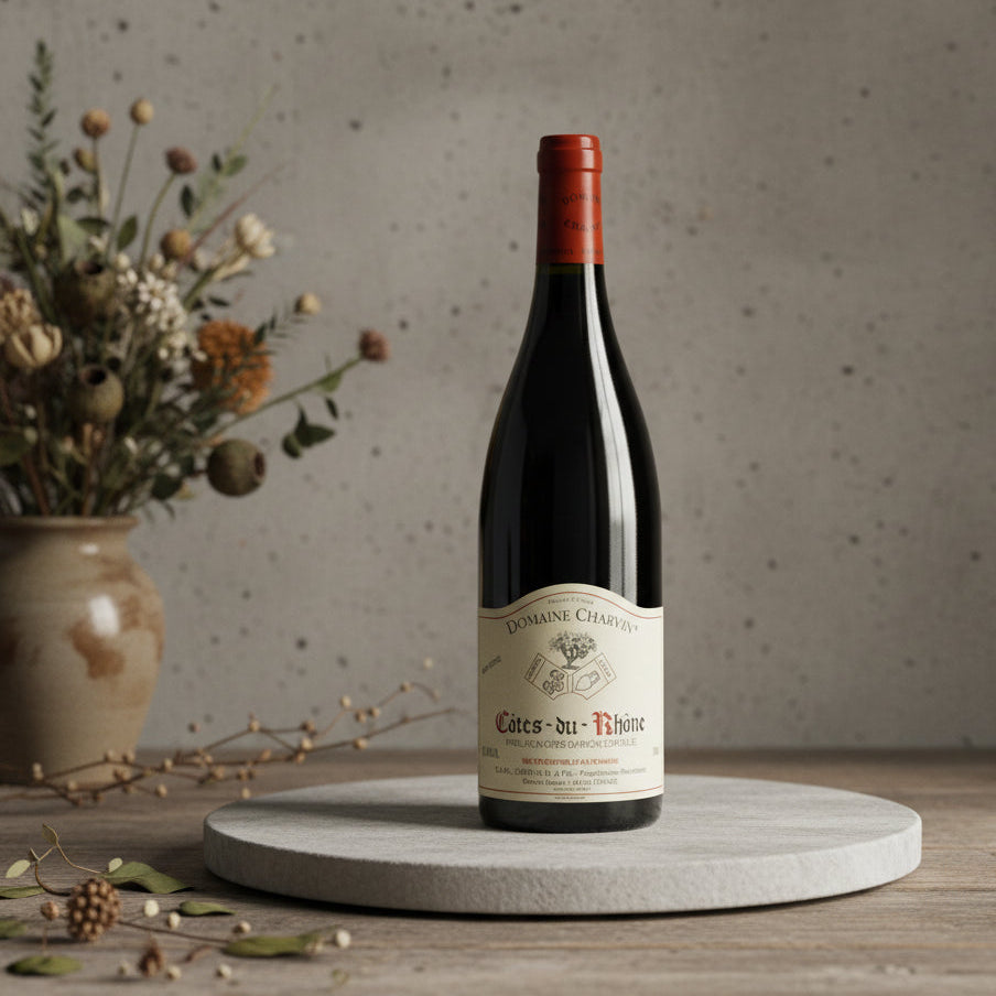 Charvin Cotes du Rhone wine bottle on a wooden table with a vase of flowers in the background