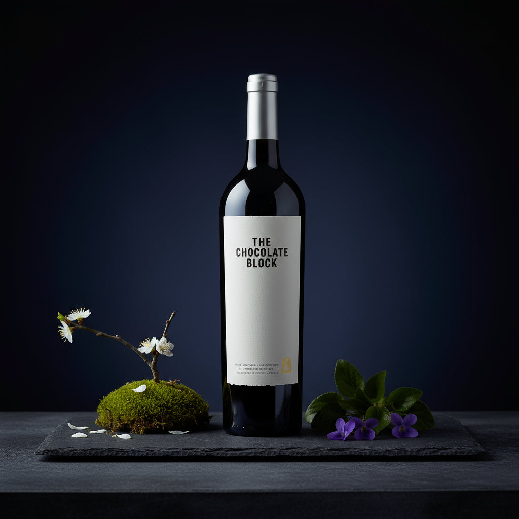 Wine bottle labeled 'The Chocolate Block' on a dark surface with decorative elements.