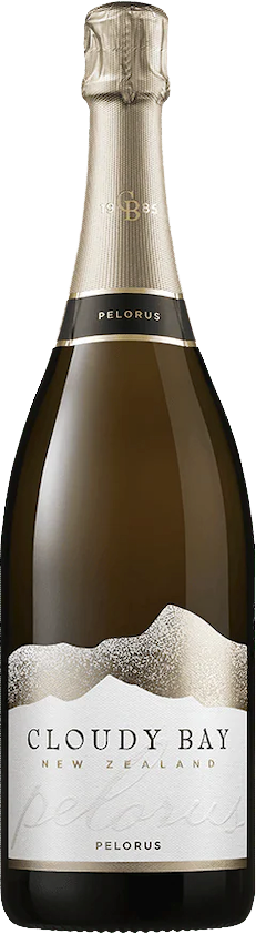 Bottle of Cloudy Bay Pelorus Méthode Traditionnelle sparkling wine with a silver foil cap.