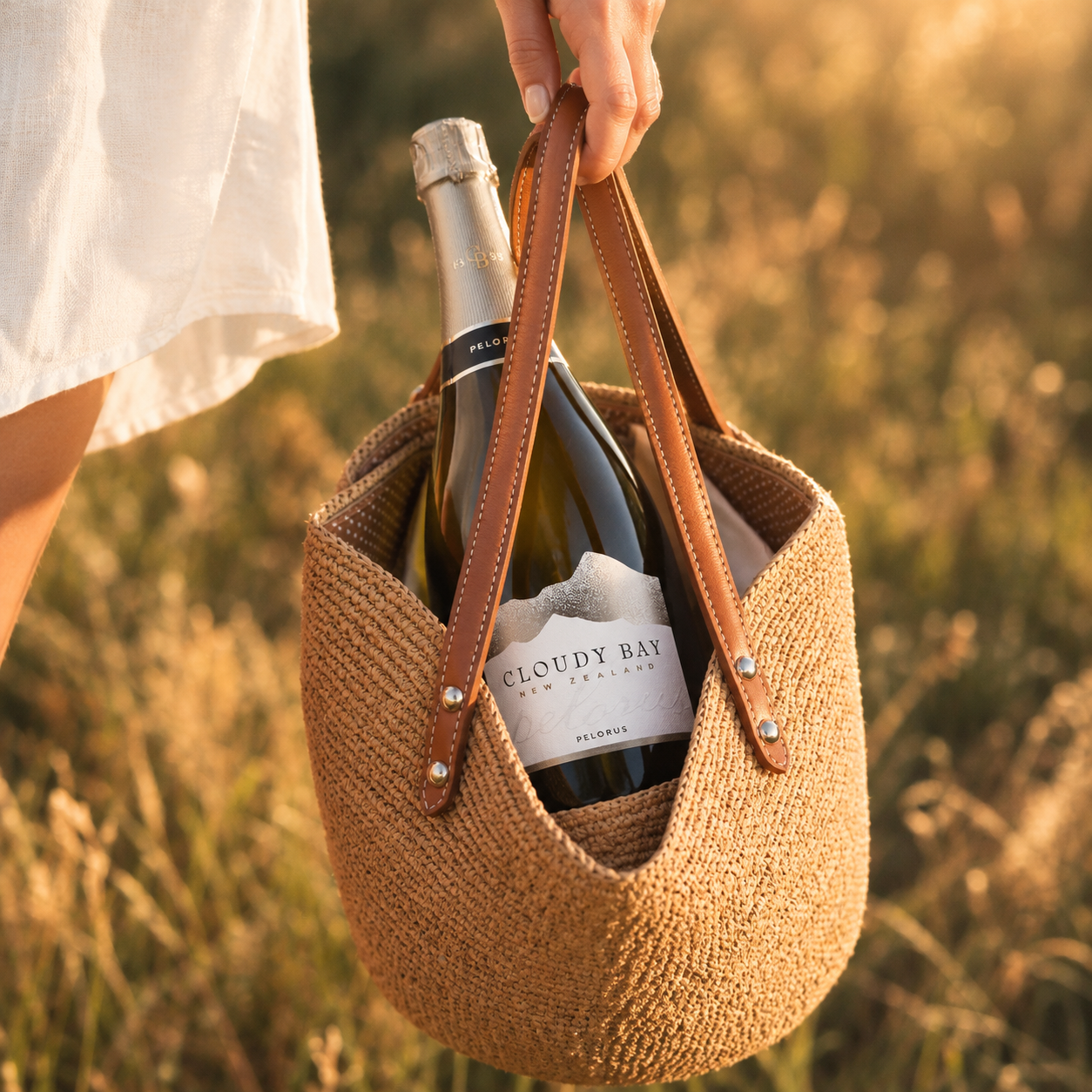 Load image into Gallery viewer, A woven straw tote bag with brown leather handles is held by a person in a white dress, with a bottle of Cloudy Bay Pelorus sparkling wine tucked inside, set against a warm, blurred outdoor field background.