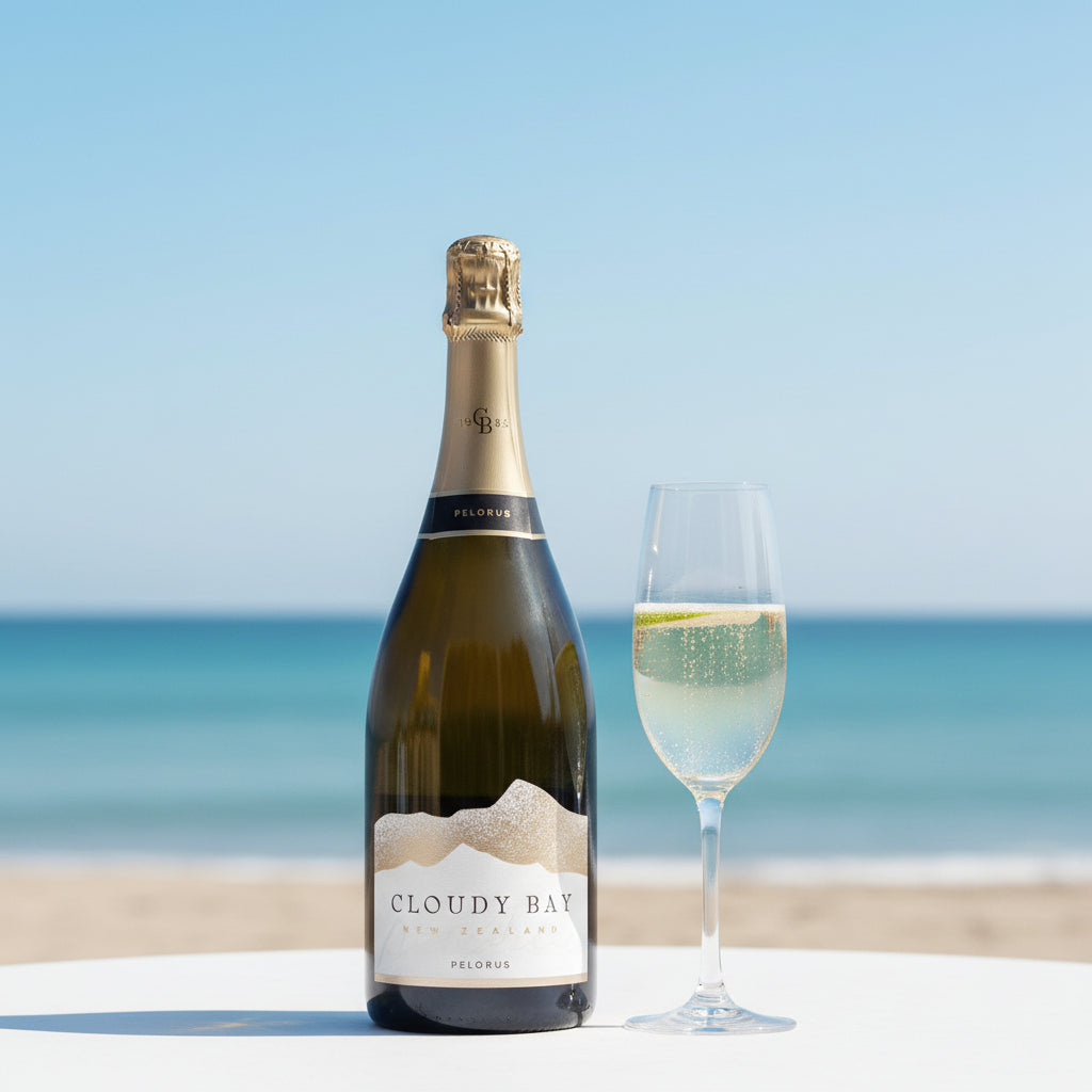 Load image into Gallery viewer, Bottle of Cloudy Bay Pelorus Méthode Traditionnelle sparkling wine with a glass on a beach.