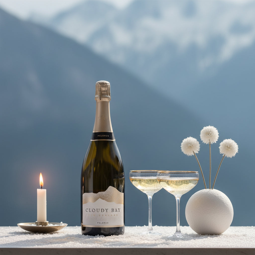 Load image into Gallery viewer, Bottle of Cloudy Bay Pelorus Méthode Traditionnelle sparkling wine with two glasses, a candle, and decorative elements against a mountainous background.