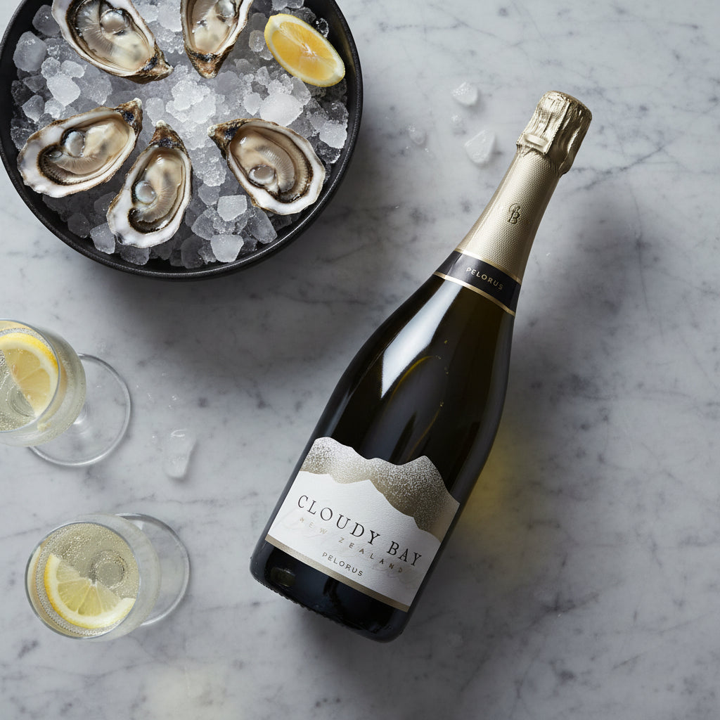 Load image into Gallery viewer, Bottle of Cloudy Bay Pelorus Méthode Traditionnelle sparkling wine with oysters on ice and glasses of champagne on a marble surface