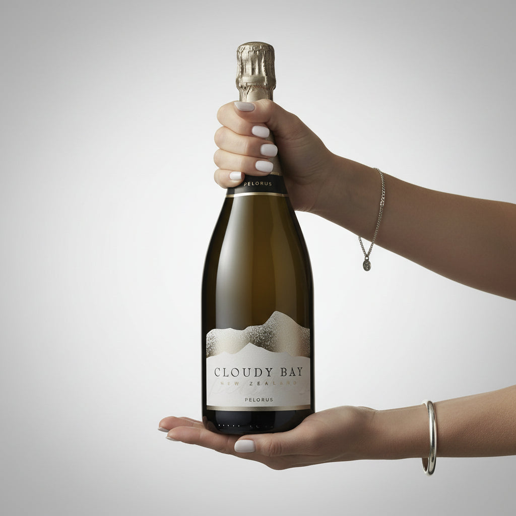 Load image into Gallery viewer, Woman holding a bottle of Cloudy Bay Pelorus Méthode Traditionnelle sparkling wine against a plain background