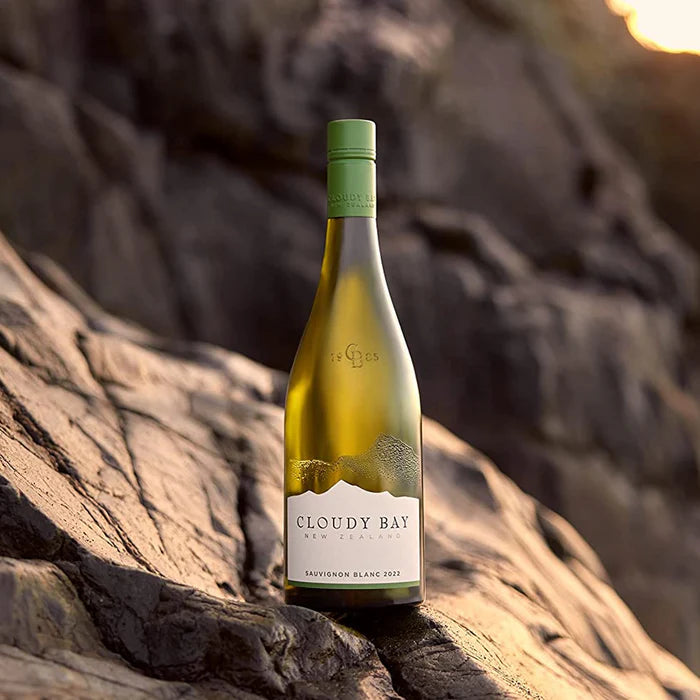 Load image into Gallery viewer, A bottle of white wine standing on a rock with a blurry rocky background