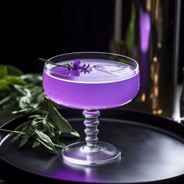 Purple cocktail in a glass with lavender on a dark surface