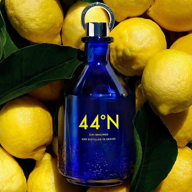 Load image into Gallery viewer, A cobalt blue glass bottle of Comte de Grasse 44 degrees N Gin, surrounded by fresh yellow lemons and green leaves. The bottle features a silver metal cap with a hanging loop and has '44°N' printed in bright yellow on the front.
