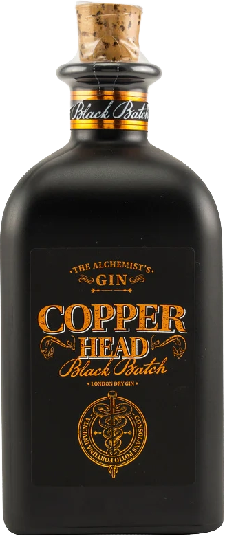 Bottle of Copperhead Black Batch gin with a cork stopper on a black background