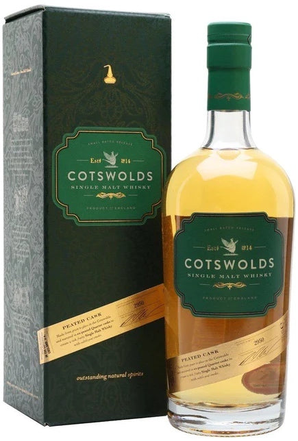 An image of a bottle of Cotswolds Cask Strength Peated Cask Single Malt English Whisky 700ml next to its handsome gift box