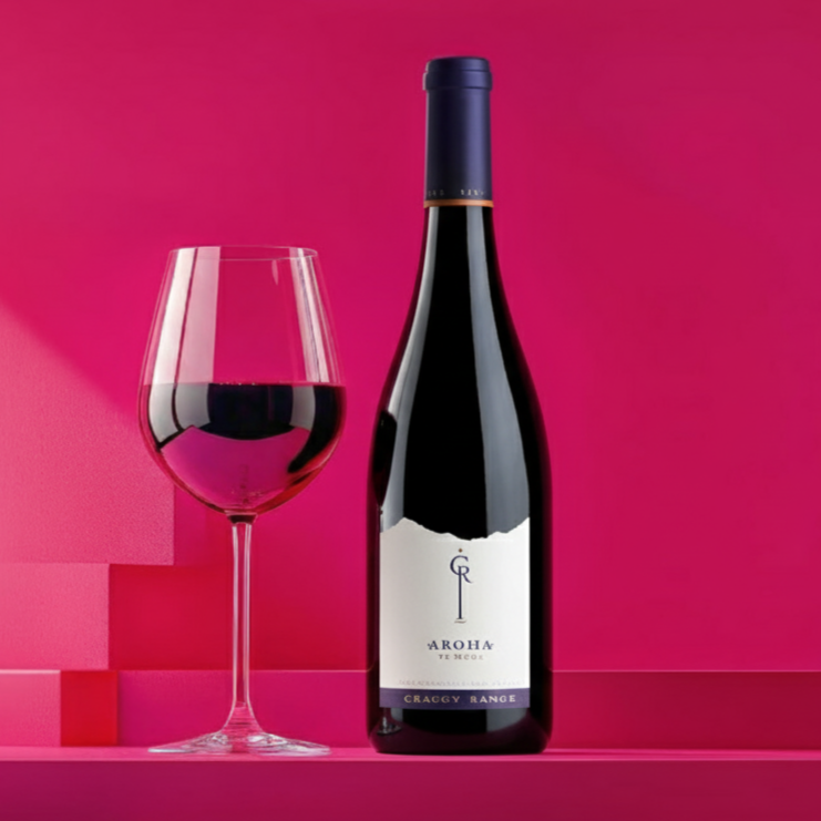 Load image into Gallery viewer, Wine bottle and glass on a pink background