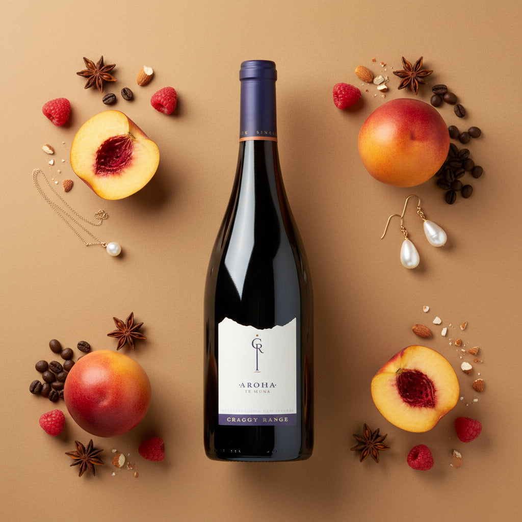Load image into Gallery viewer, Craggy Range-Aroha Pinot Noir wine bottle with decorative elements e.g. summer fruits, coffee beans, jewlry, etc on a brown background