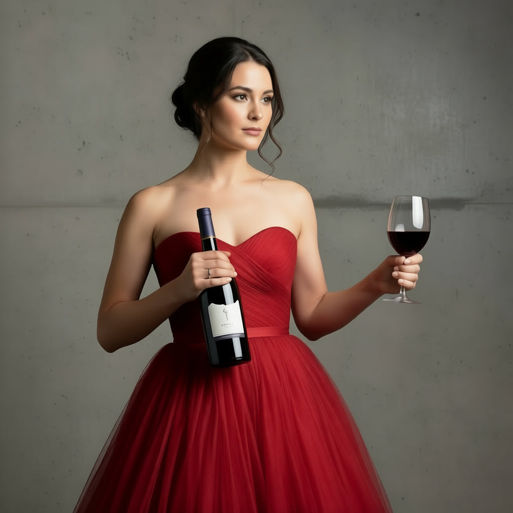 Load image into Gallery viewer, Woman in a red dress holding a Craggy-Range Aroha Pinot Noir wine bottle and glass against a grey background