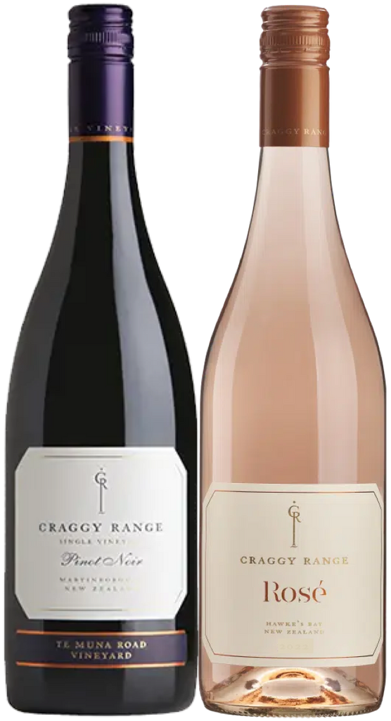 Two bottles of wine, one labeled as Te Muna Road Pinot Noir and the other as Hawke's Bay Rosé, both from Craggy Range. They are placed vertically next to each other in a branded gift box.