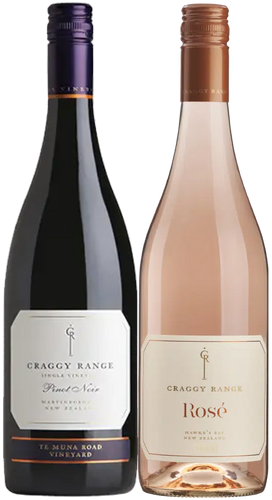 Two bottles of wine, one labeled as Te Muna Road Pinot Noir and the other as Hawke's Bay Rosé, both from Craggy Range. They are placed vertically next to each other in a branded gift box.