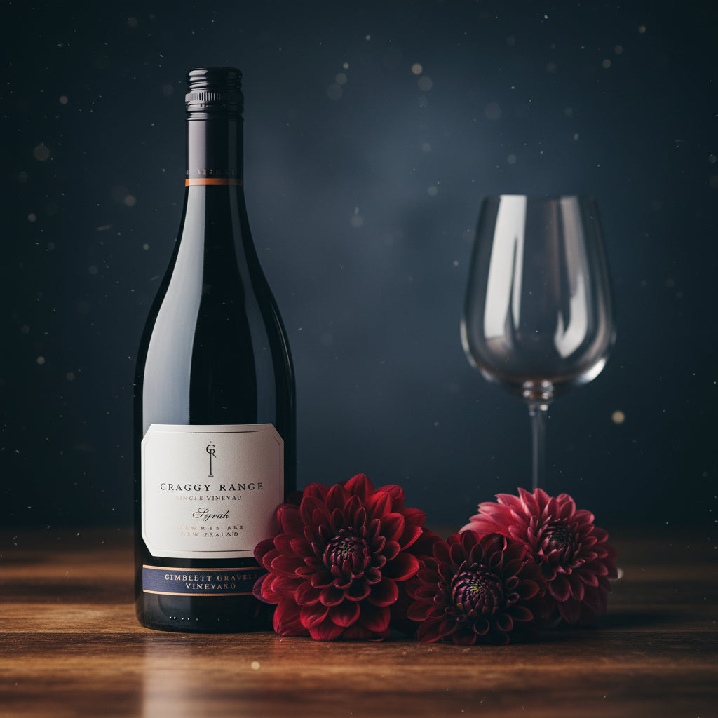 A bottle of Craggy-Range-Gimblett-Gravels-Syrah next to  two red flowers and two wine glasses
