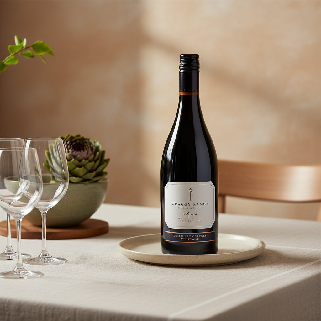 Bottle of Craggy Range Syrah wine on a table with glasses and decor