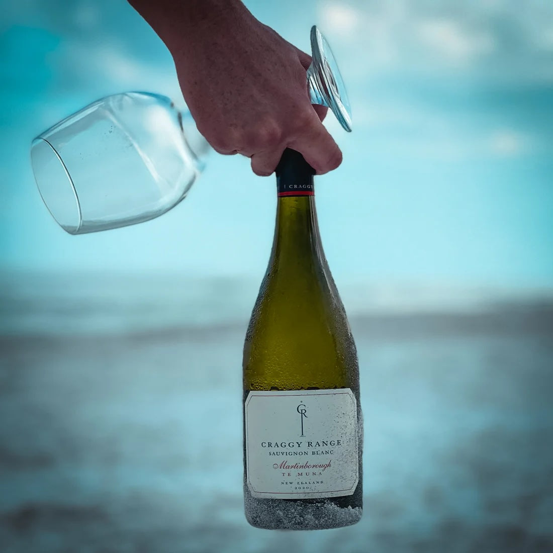 Load image into Gallery viewer, A person holding on to a bottle of white wine and a glass with a blue background