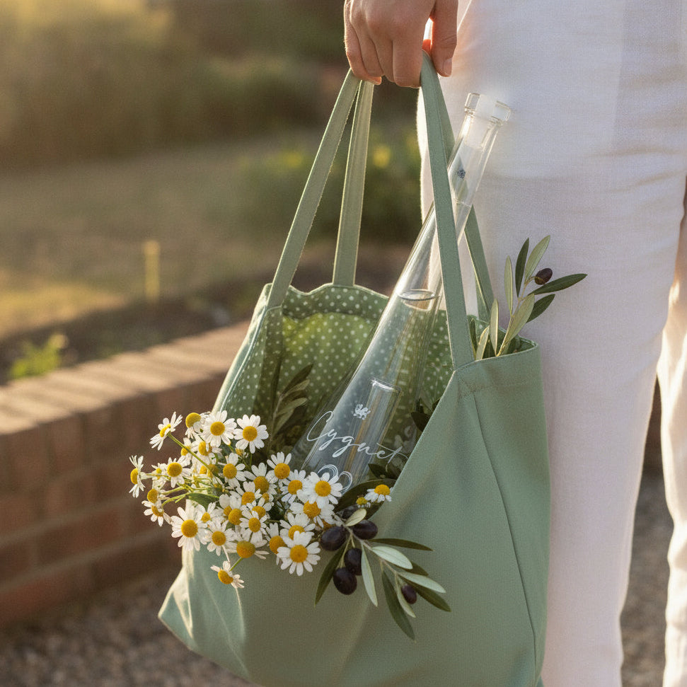 Load image into Gallery viewer, A sage green reusable tote bag with white polka dots on the inside, carried by a person in white clothing. The bag is styled with a clear glass bottle of Cygnet 22 Welsh Dry Gin, green leaves, and a bouquet of white daisies with yellow centres, set against a warm, blurred outdoor background.