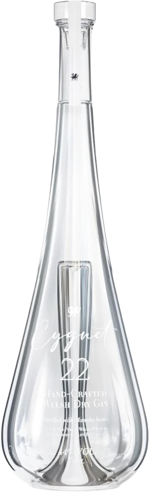 A beautiful luxury clear glass bottle of Cygnet 22 Welsh Dry Gin, featuring a sleek teardrop-shaped glass body with a white stopper, shown against a plain white background.