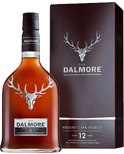 An image of a bottle of Dalmore 12 Year Old Sherry Cask Select Highland Single Malt Scotch Whisky 700ml next to its superb Gift Box