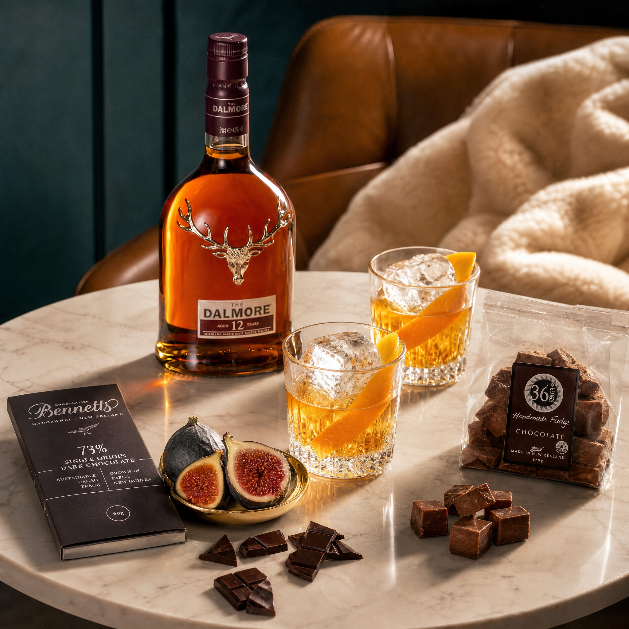Load image into Gallery viewer, Bottle of Dalmore 12 year old whisky with two glasses of whisky, chocolate, and figs on a marble surface.
